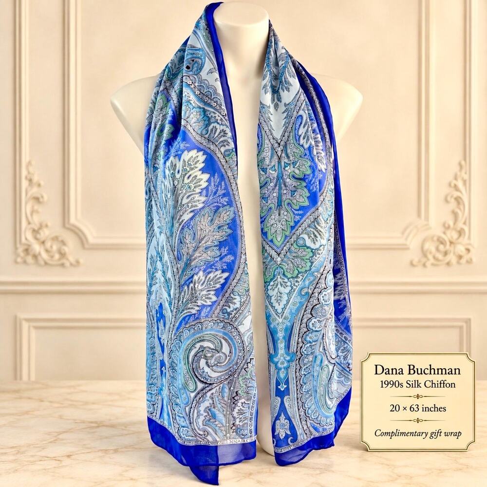 Vintage Dana Buchman 1990s Silk Chiffon Paisley Scarf Royal Blue 20x63